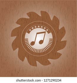 musical note icon inside realistic wood emblem