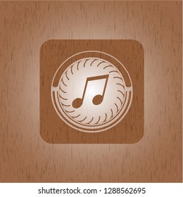 musical note icon inside realistic wood emblem