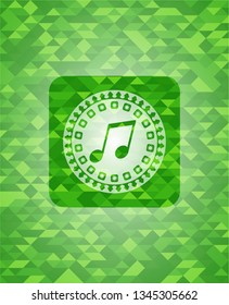 musical note icon inside realistic green mosaic emblem