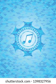 musical note icon inside realistic sky blue emblem. Mosaic background