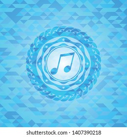 musical note icon inside realistic sky blue mosaic emblem