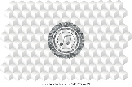 musical note icon inside realistic grey emblem with geometric cube white background