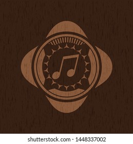 musical note icon inside realistic wood emblem