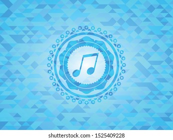 musical note icon inside realistic sky blue mosaic emblem