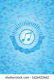 musical note icon inside realistic sky blue emblem. Mosaic background