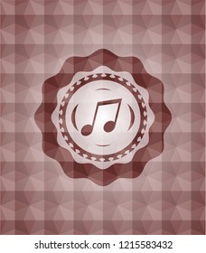 musical note icon inside red seamless emblem with geometric background.