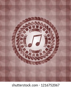 musical note icon inside red emblem or badge with abstract geometric pattern background. Seamless.