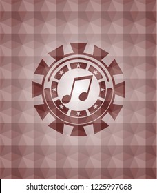 musical note icon inside red emblem or badge with abstract geometric pattern background. Seamless.