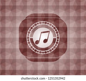 musical note icon inside red emblem or badge with abstract geometric polygonal pattern background. Seamless.