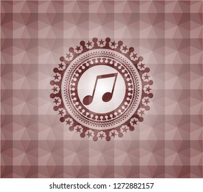 musical note icon inside red seamless emblem with geometric background.
