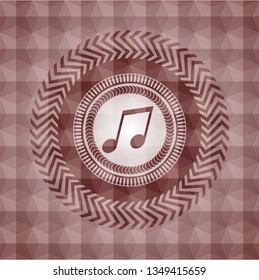 musical note icon inside red seamless emblem with geometric pattern background.