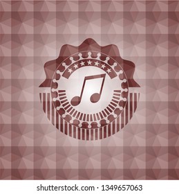 musical note icon inside red emblem with geometric pattern. Seamless.