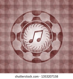 musical note icon inside red seamless geometric pattern emblem. Seamless.