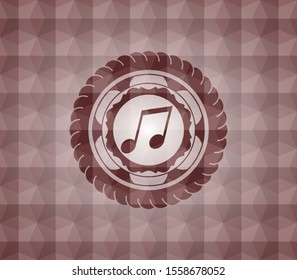 musical note icon inside red seamless emblem with geometric pattern.
