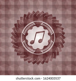 musical note icon inside red geometric emblem. Seamless.