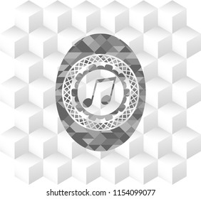 musical note icon inside retro style grey emblem with geometric cube white background