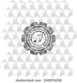 musical note icon inside retro style grey emblem with geometric cube white background