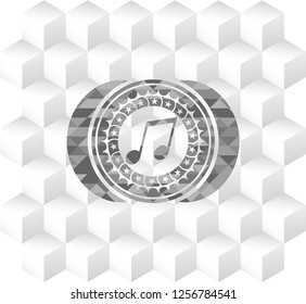 musical note icon inside retro style grey emblem with geometric cube white background