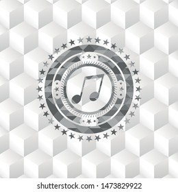 musical note icon inside retro style grey emblem with geometric cube white background
