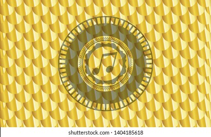 musical note icon inside shiny golden badge. Scales pattern. Vector Illustration. Detailed.