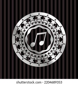 musical note icon inside silver shiny badge. 