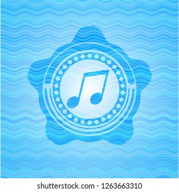 musical note icon inside sky blue water wave badge background.