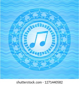 musical note icon inside sky blue water emblem.
