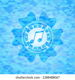 musical note icon inside sky blue emblem with triangle mosaic background