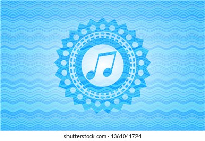 musical note icon inside sky blue water badge background.