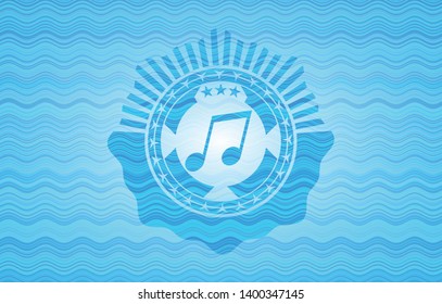 musical note icon inside sky blue water style emblem.