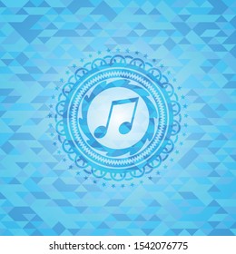 musical note icon inside sky blue emblem with mosaic background