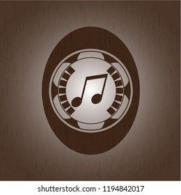 musical note icon inside vintage wooden emblem