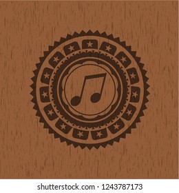 musical note icon inside wooden emblem. Vintage.