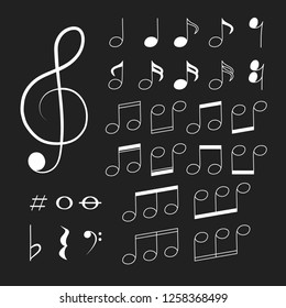 Musical note icon on black background.  Notes and clef symbols. Vector isolated illustration.