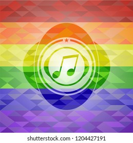 musical note icon on mosaic background with the colors of the LGBT flag