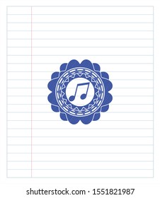 musical note icon pen strokes emblem. Blue ink. Vector Illustration. Detailed.