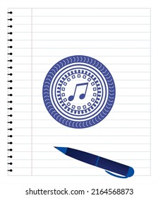 musical note icon pen strokes emblem. Blue ink. Vector Illustration. Detailed. 