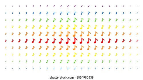 Musical note icon rainbow colored halftone pattern. Vector musical note objects are arranged into halftone array with vertical rainbow colors gradient. Constructed for backgrounds, covers,