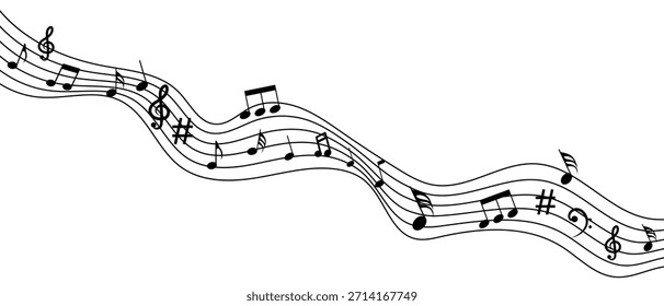 Musical note icons in grunge style. Treble clef on sheet music. Musical note icons.