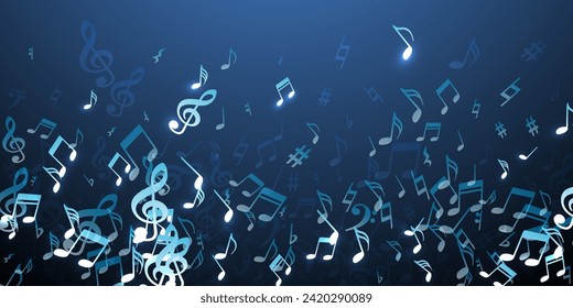Musical note icons vector backdrop. Melody notation elements explosion. Radio music pattern. Vintage note icons signs with bass clef. Album cover background.