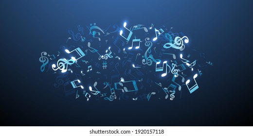 Musical note icons vector design. Symphony notation signs swirling. Digital music wallpaper. Creative note icons signs with bass clef. Banner background.