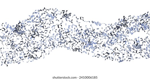 Symbole für musikalische Notizen, Vektorgrafik. Explosion von Elementen der Schallzusammensetzung. Jazzmusik-Tapete. Vintage Noten Symbole Silhouetten mit scharfen. Geburtstagskarte im Hintergrund.