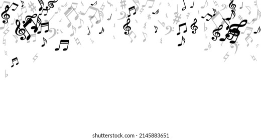 Musical note icons vector pattern. Melody recording signs explosion. Disco music wallpaper. Modern note icons elements with bass clef. Album cover backdrop.