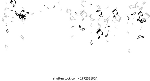 Papel de pantalla de iconos de notas musicales. Dispersión de elementos de notación melódica. Ilustración musical clásica. Iconos de notas modernos con arañazos de trébol. Fondo del afiche del concierto.