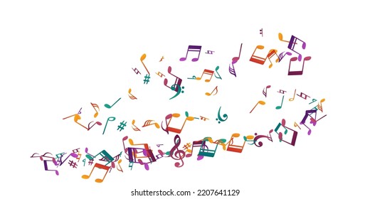 Musical note icons vector wallpaper. Melody notation signs explosion. Pop music illustration. Modern note icons signs with flat. Banner background.