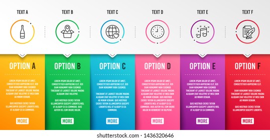 Musical note, International love and Package location icons simple set. Champagne bottle, Clock and Feather signature signs. Music, Internet dating. Infographic template. 6 steps timeline. Vector