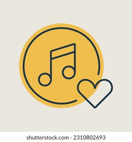 Musical note isolated icon and favorite, like, love, care symbol. Like music icon. Musical note icon, music icon with heart sign.