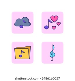 Musical note line icon set. Folder, cloud storage, favorite song and treble clef. Music concept. Vector illustration for web design and apps