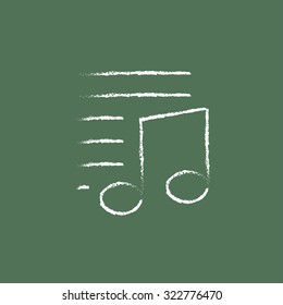Musical note and lines hand drawn in chalk on a blackboard vector white icon isolated on a green background.