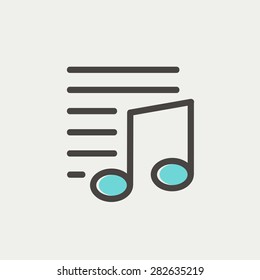 Musical note with lines icon thin line for web and mobile, modern minimalistic flat design. Vector icon with dark grey outline and offset colour on light grey background.